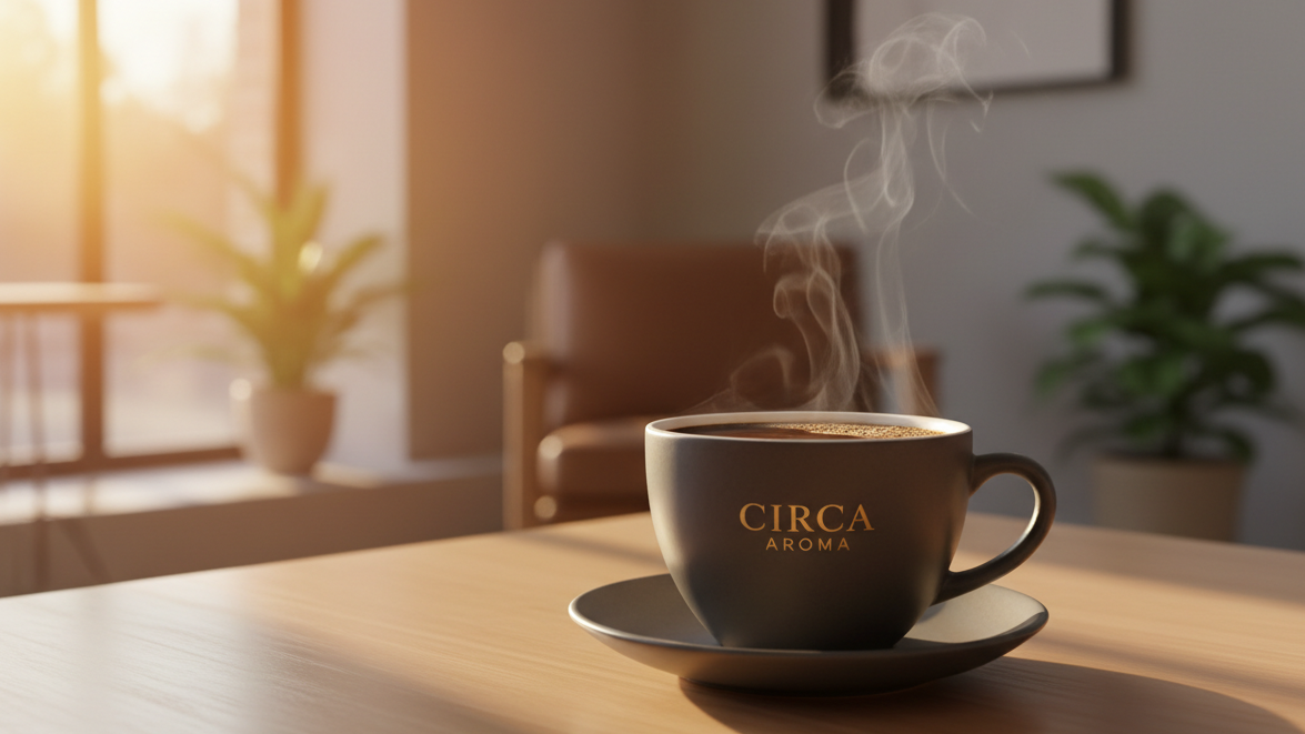 A premium ceramic coffee cup with "CIRCA AROMA" text visible on the cup, filled with freshly brewed dark coffee, gentle steam rising and illuminated by golden sunrise light. The scene captures early morning café atmosphere with warm orange, golden yellow, and soft amber tones creating a sunrise gradient effect. Natural sunlight pours through a window at a low angle, creating long soft shadows and atmospheric haze. Minimalist elegant café setting with softly blurred background using shallow depth of field. P